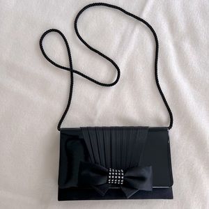 Genie Vintage Evening Clutch with satin and rhinestone bow tie trim
